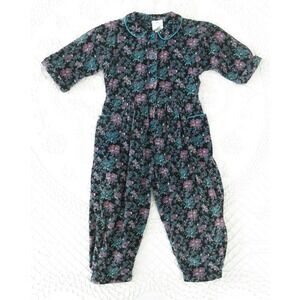 Vintage Wee Clancy Kids Floral Corduroy Jumpsuit Size 5 Purple Teal Made in USA